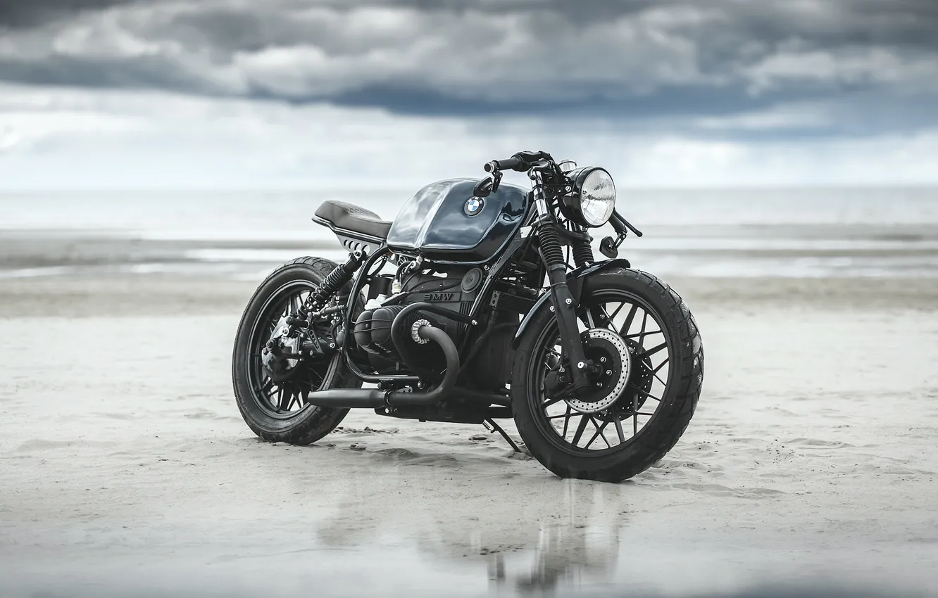 Photo wallpaper sand, the sky, clouds, BMW, motorcycle, bike, Custom, Cafe Racer