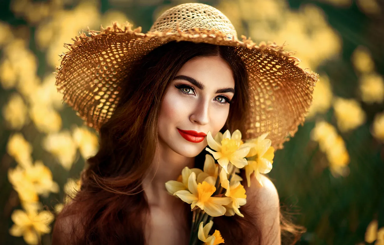 Photo wallpaper look, girl, flowers, yellow, nature, face, pose, smile