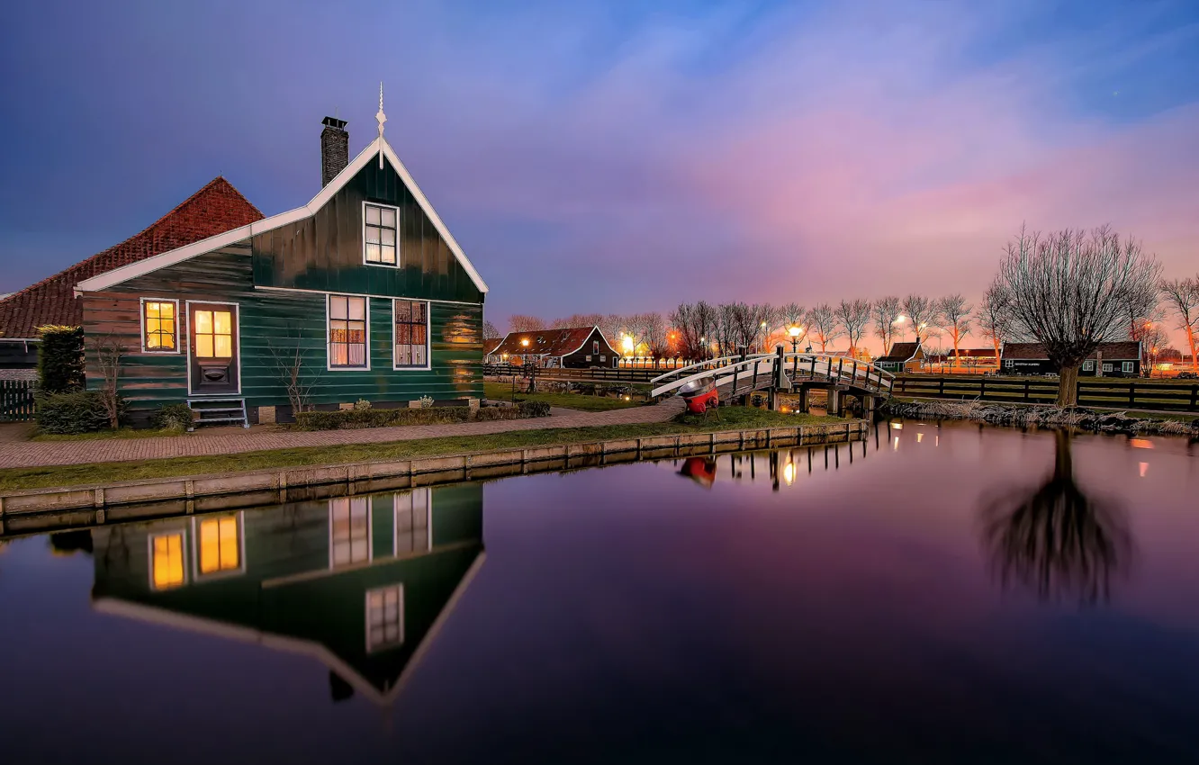 Photo wallpaper Netherlands, blue hour, farmland, canals