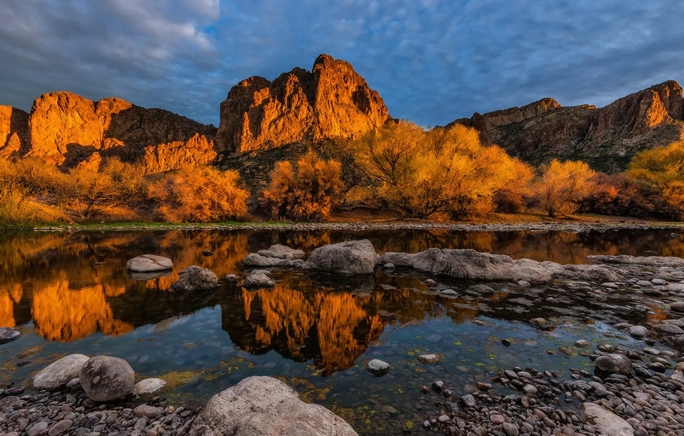 Photo wallpaper the sky, clouds, mountains, nature, reflection, river, stones, dawn