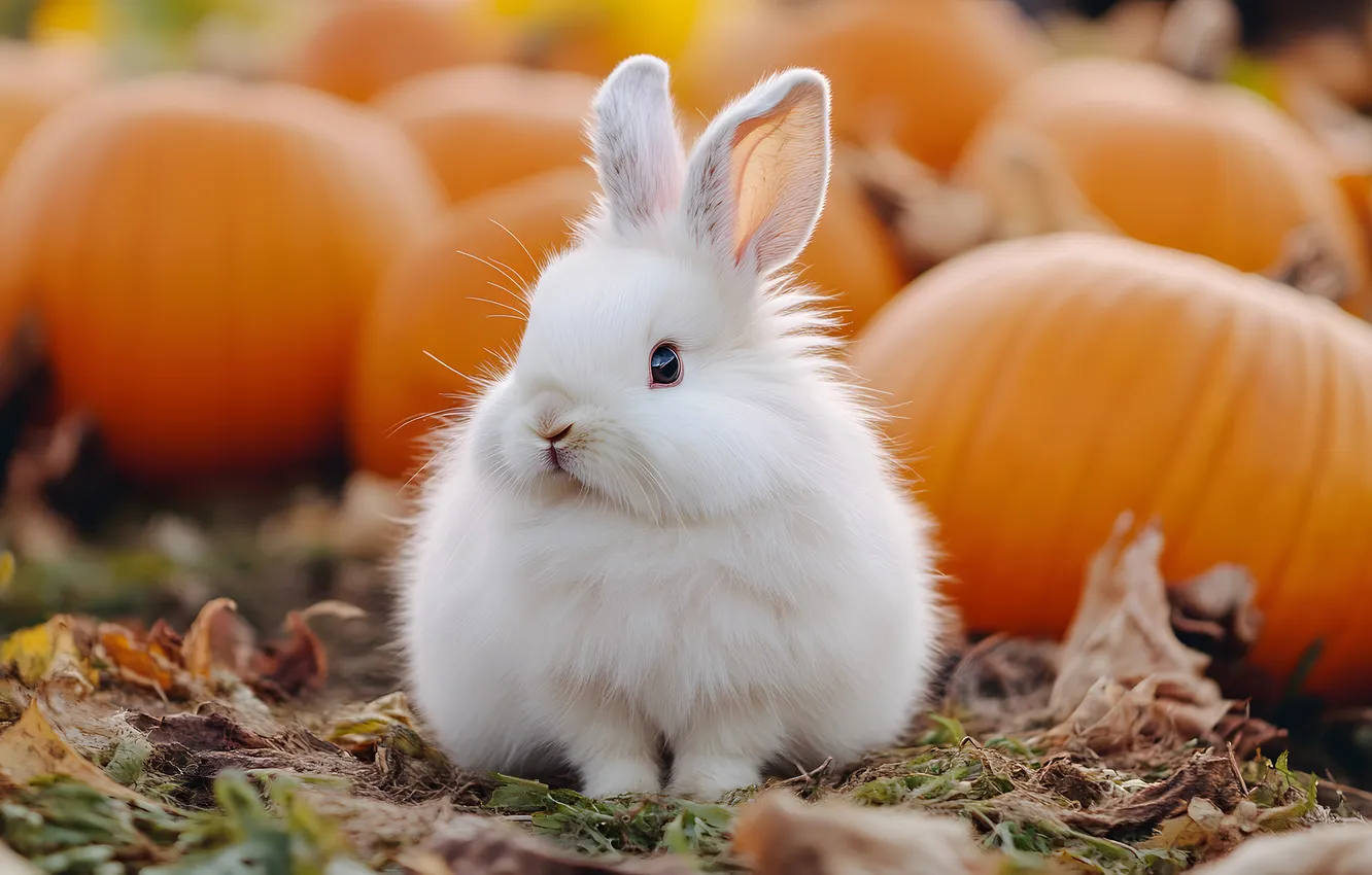 Photo wallpaper autumn, white, hare, rabbit, pumpkin, AI art, neural network