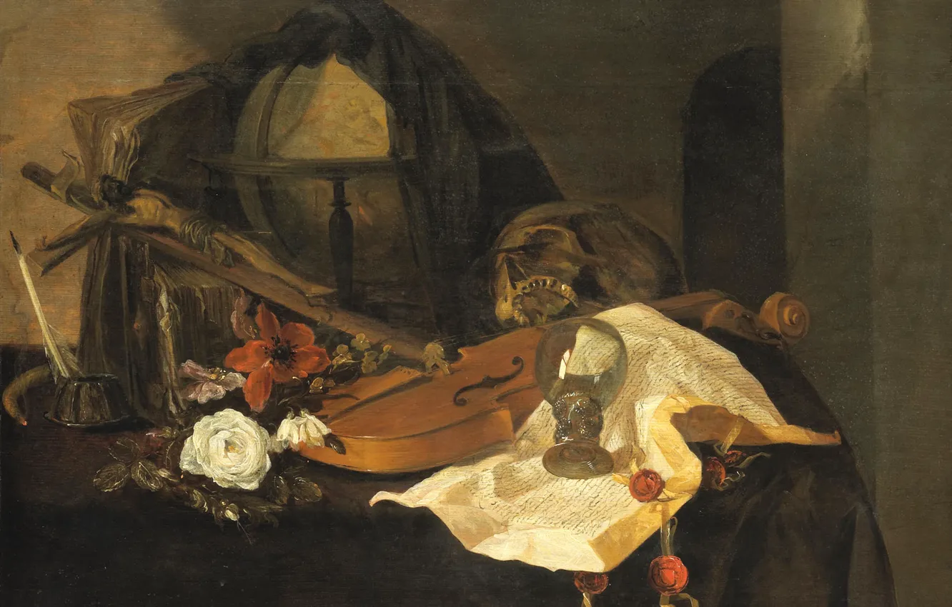 Photo wallpaper flowers, violin, the crucifixion, Jacques de Claeuw, Still life. Allegory Of Vanity