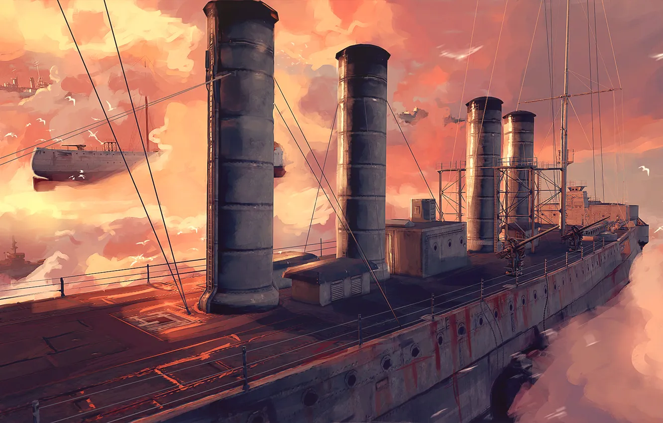 Photo wallpaper the sky, clouds, fiction, bird, ship, art, flying ships
