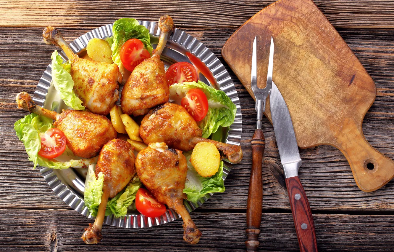 Photo wallpaper chicken, knife, Board, legs, vegetables, tomatoes, salad