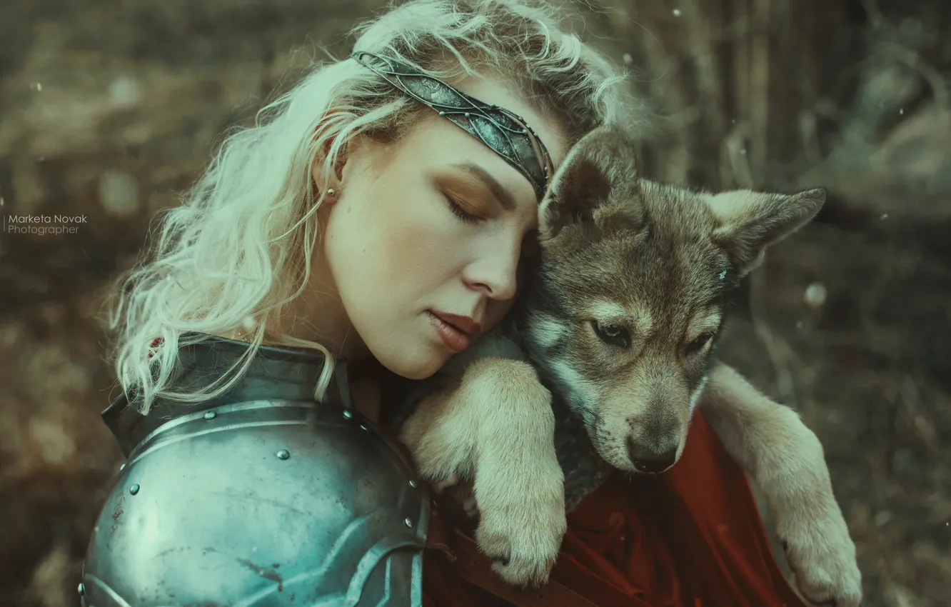 Photo wallpaper girl, dog, puppy, warrior, closed eyes, Marketa Novak