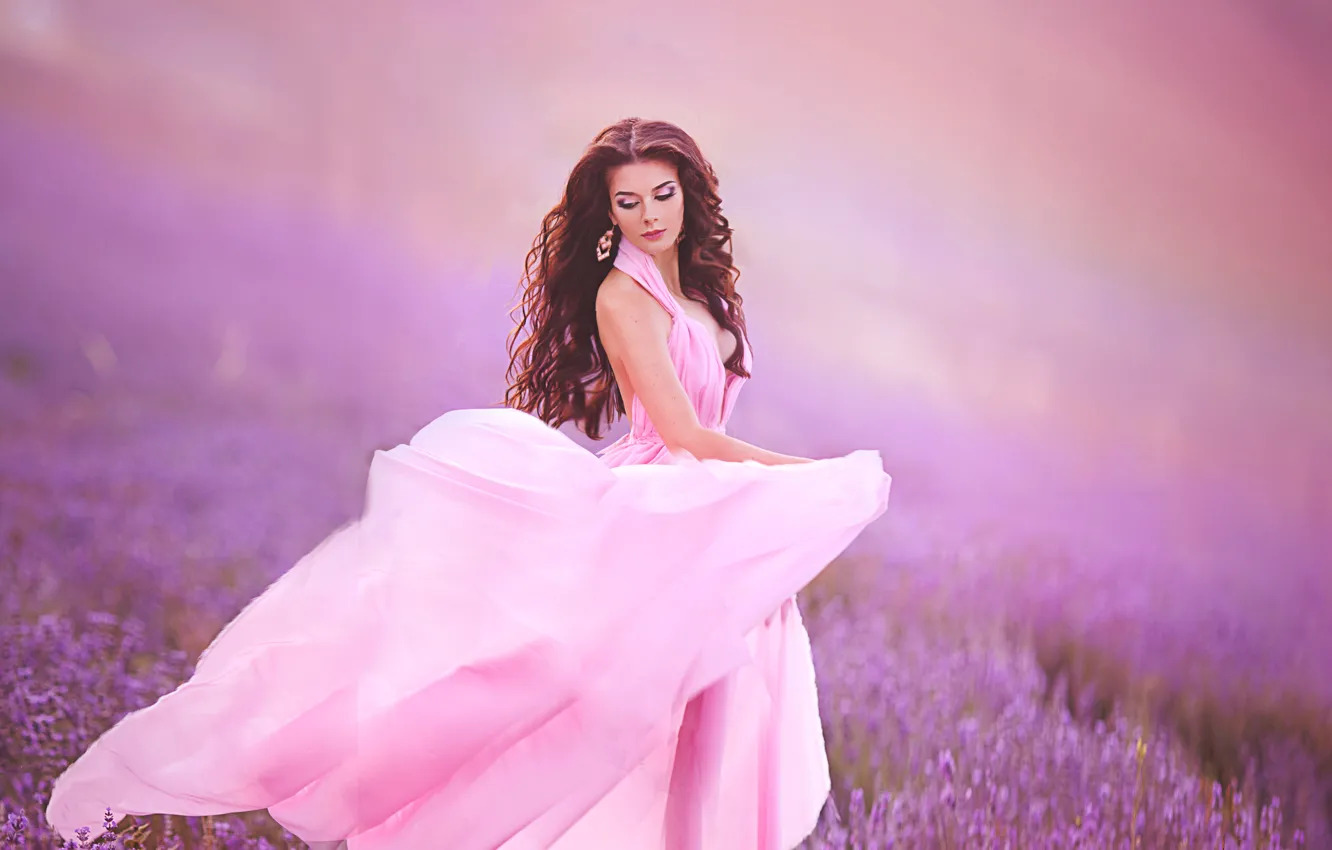 Photo wallpaper model, makeup, dress, meadow, lavender
