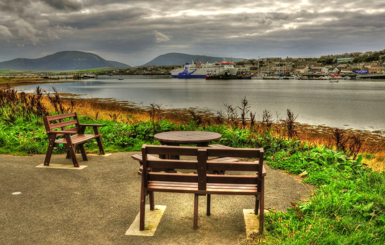 Photo wallpaper sea, the sky, clouds, mountains, table, ship, bench