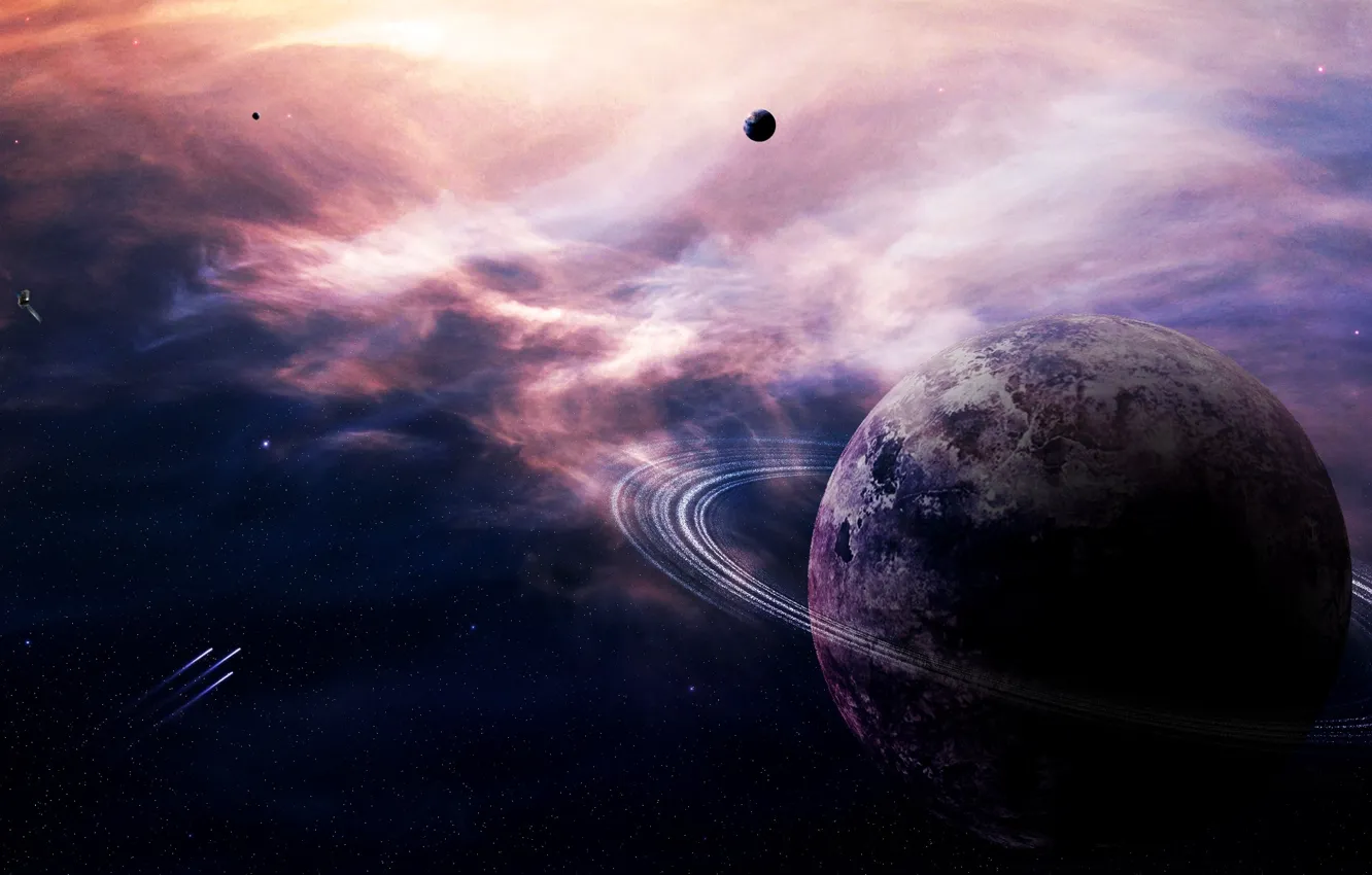 Photo wallpaper lights, stars, planets, asteroids, sci fi