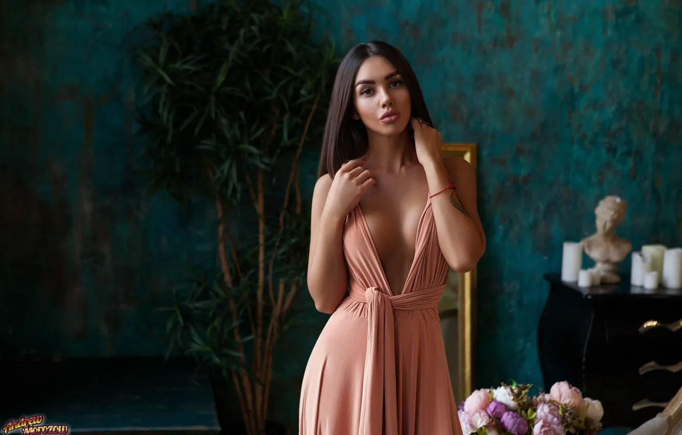 Photo wallpaper cleavage, dress, model, tattoo, pose, Andrew Morozow