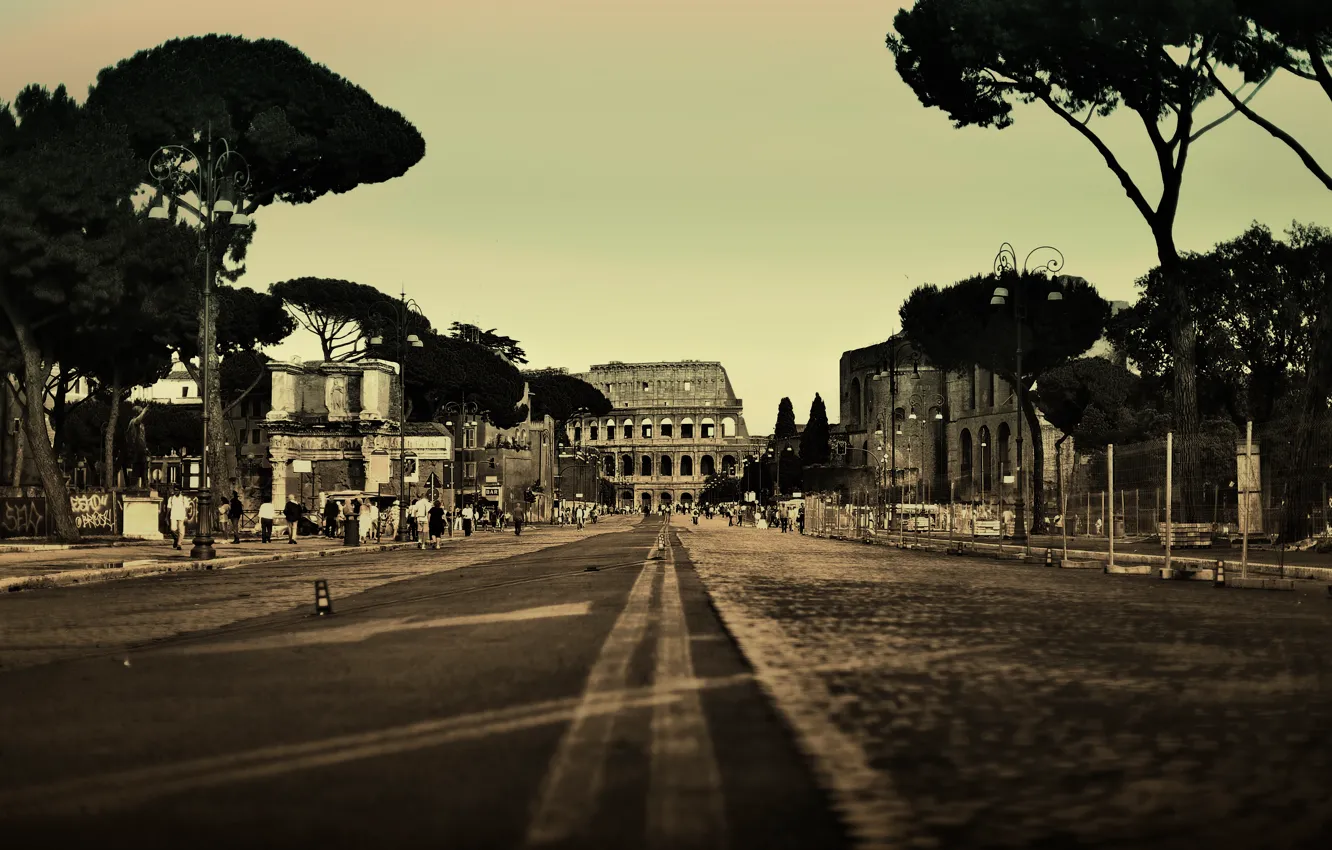 Photo wallpaper road, trees, the city, people, street, Colosseum, Italy, Rome
