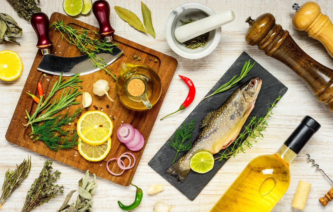 Photo wallpaper wine, lemon, Board, fish, spices