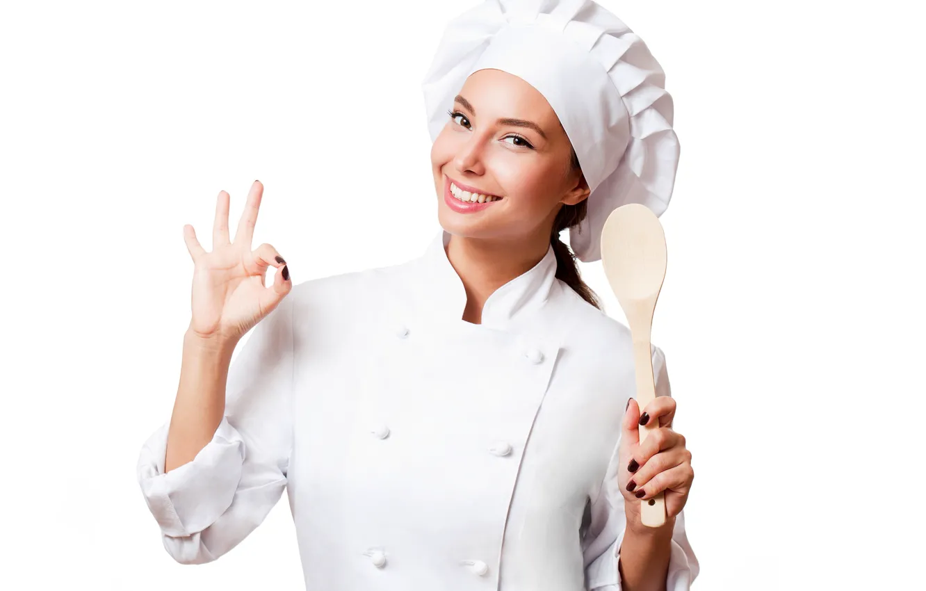 Photo wallpaper smile, makeup, spoon, white background, cook, brown hair, beauty, gesture