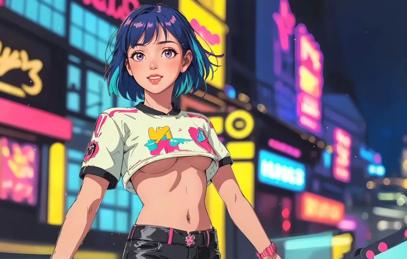 Photo wallpaper city, city lights, short hair, digital art, artwork, anime girls, no bra, depth of field