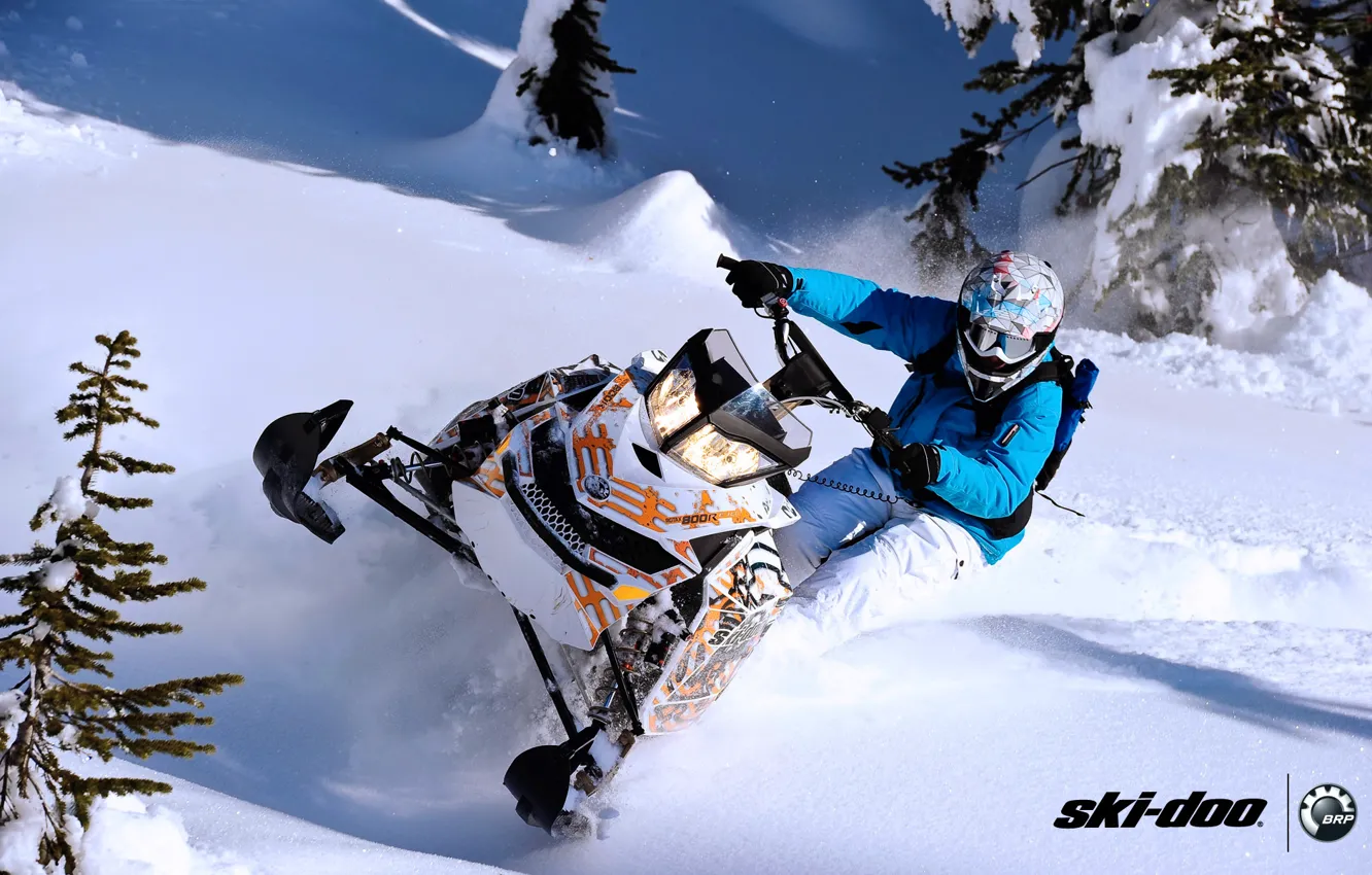 Photo wallpaper snow, sport, sport, tree, snow, snowmobile, freeride, snowmobile