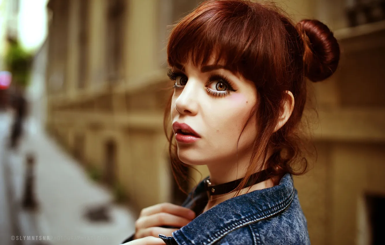 Photo wallpaper girl, model, portrait, makeup, hairstyle, on the street, posing, bokeh