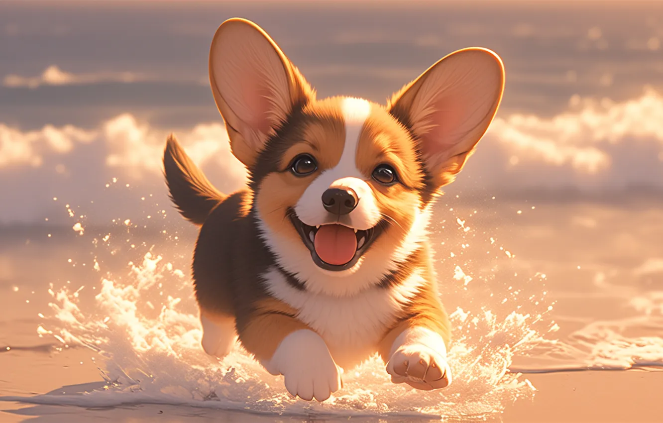 Photo wallpaper sea, wave, smile, coast, dog, puppy, funny, Corgi