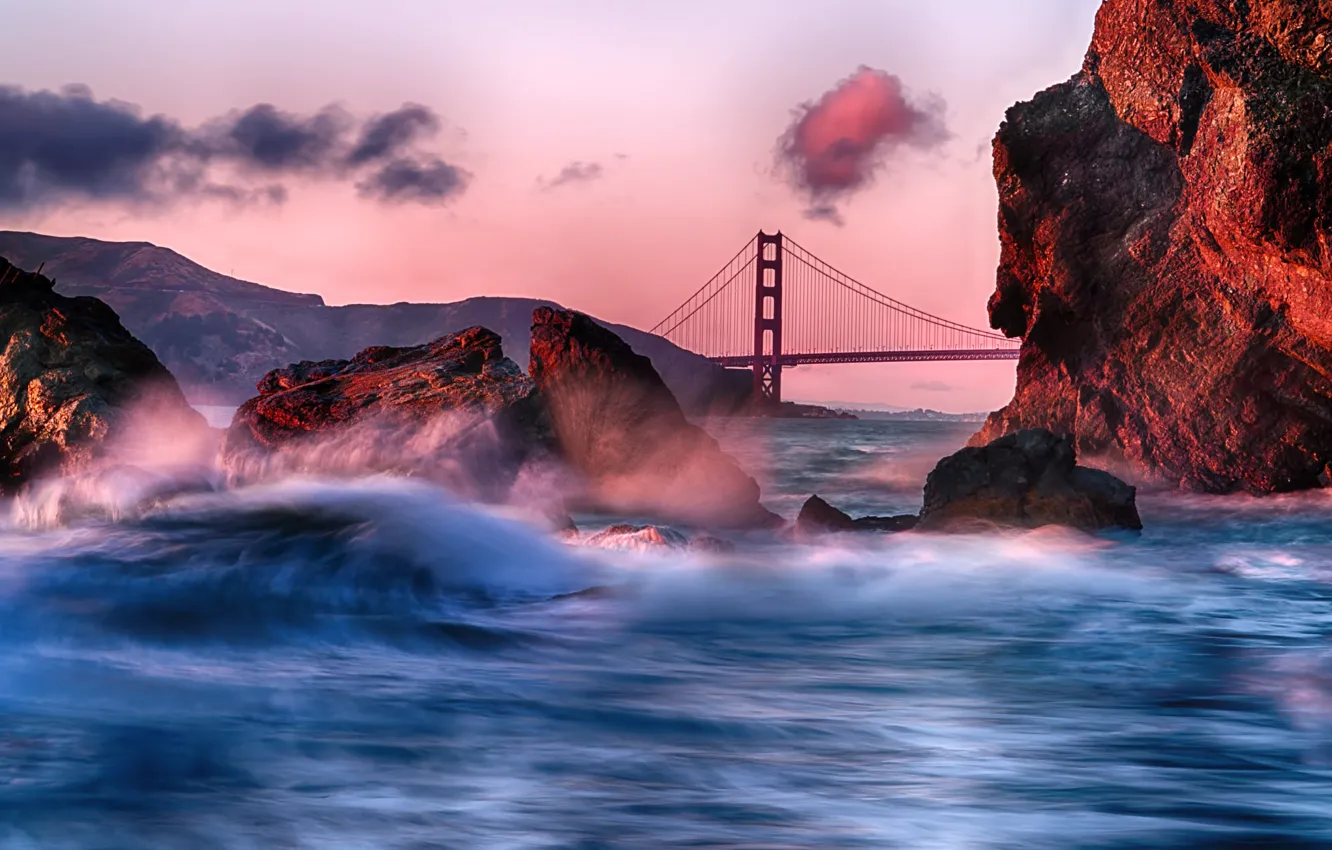 Photo wallpaper wave, sunset, bridge, Strait, stones, the ocean, rocks, Golden Gate