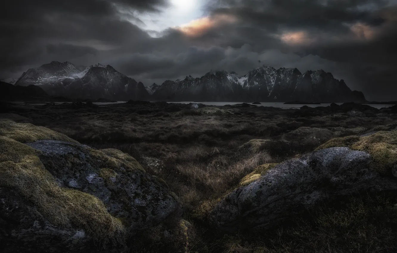 Photo wallpaper field, grass, mountains, clouds, stones, shore, Iceland, boulders