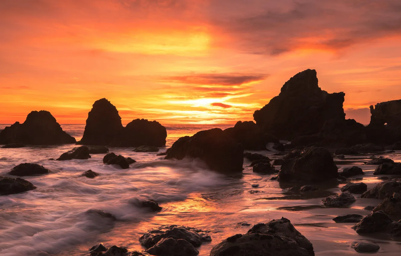 Photo wallpaper sea, sunset, rocks, surf