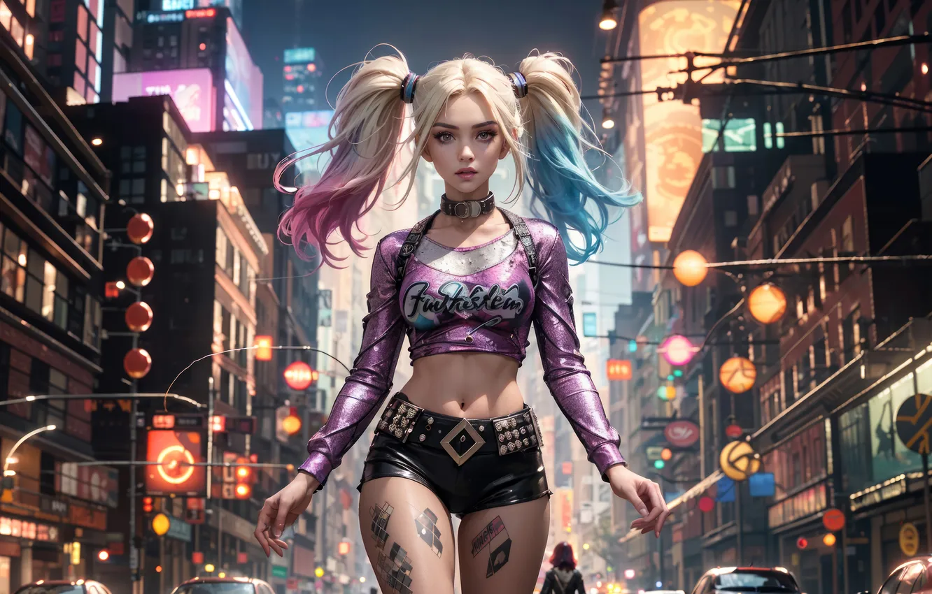 Photo wallpaper city, girl, Harley Quinn, AI Art