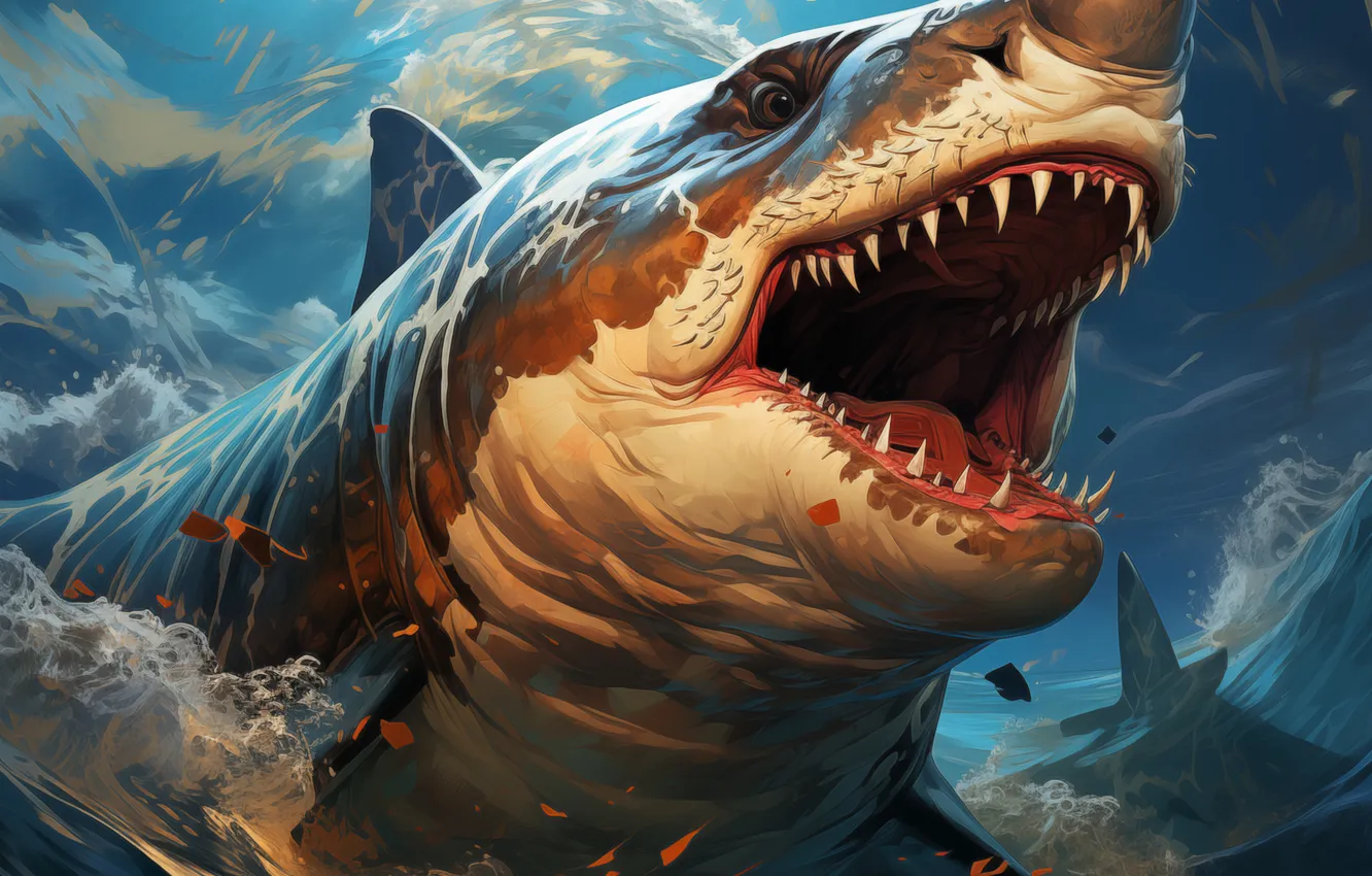 Photo wallpaper wave, face, predator, shark, teeth, mouth, digital art, AI art