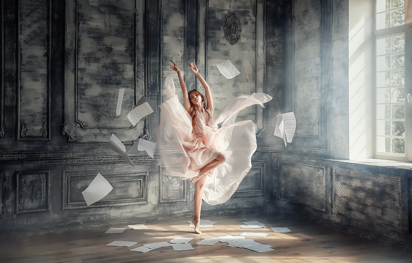 Photo wallpaper leaves, girl, paper, wall, dance, barefoot, dress, window