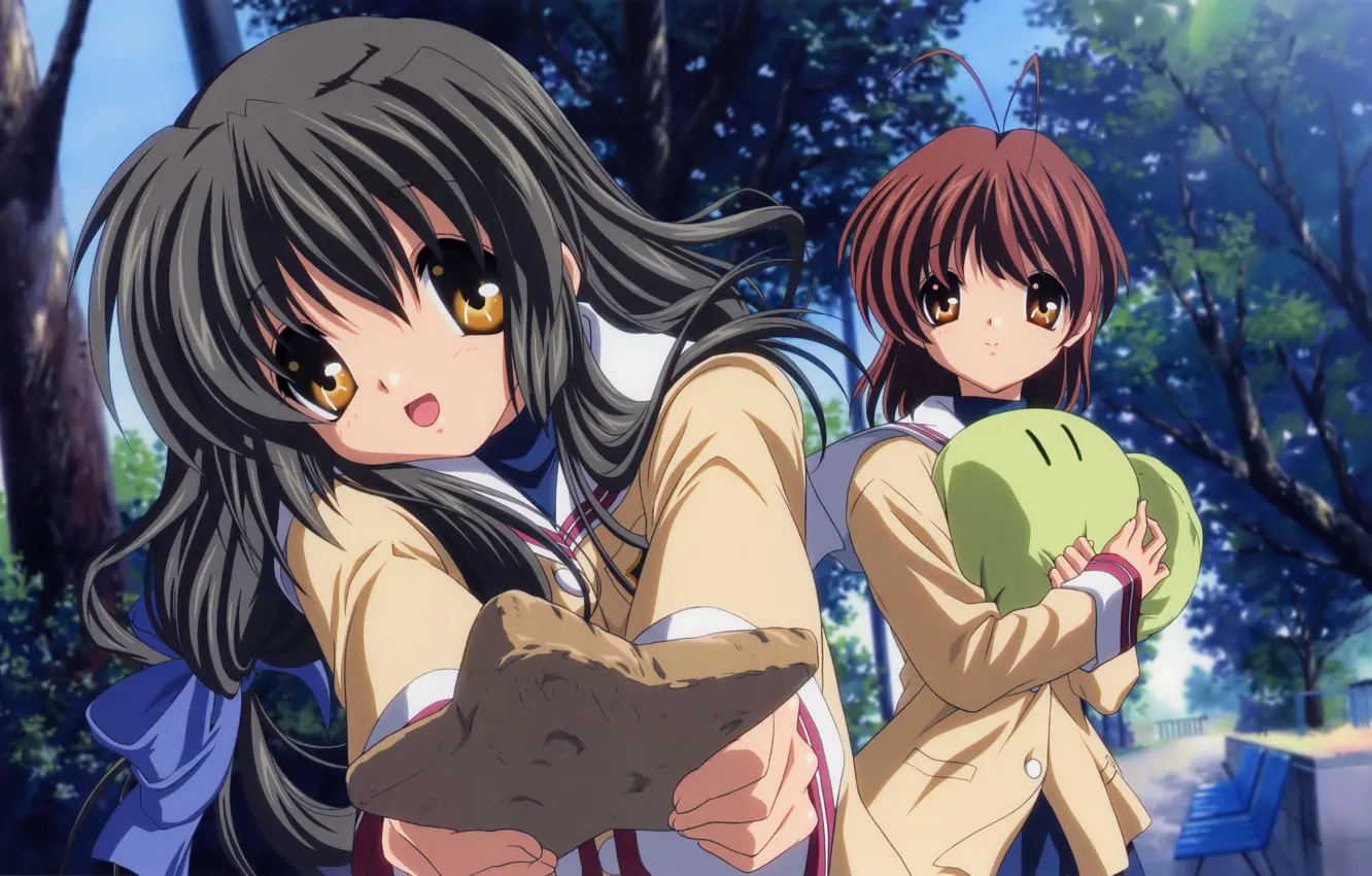 Photo wallpaper bench, Park, cookies, clannad, school uniform, art, friend, Nagisa Furukawa