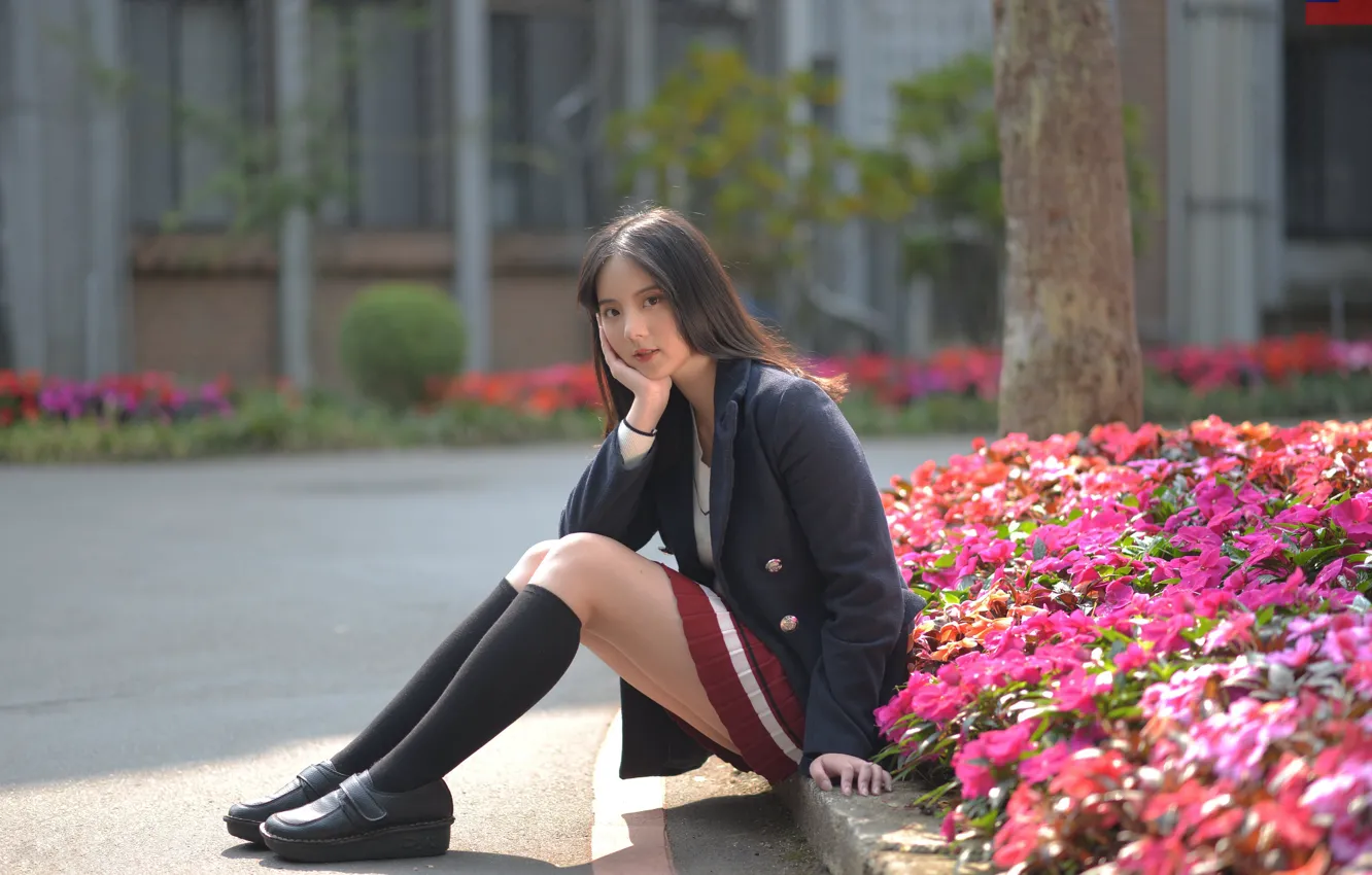 Photo wallpaper look, Asian, look, asian, flower bed, girl sitting, slender legs, slender legs