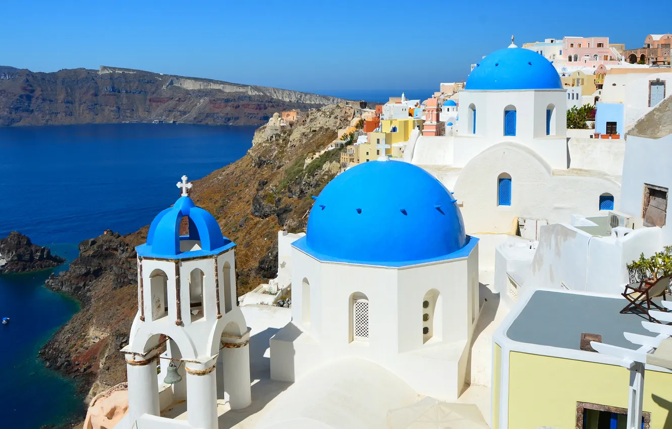 Photo wallpaper sea, mountains, home, Santorini, Greece, Church, the dome, bell