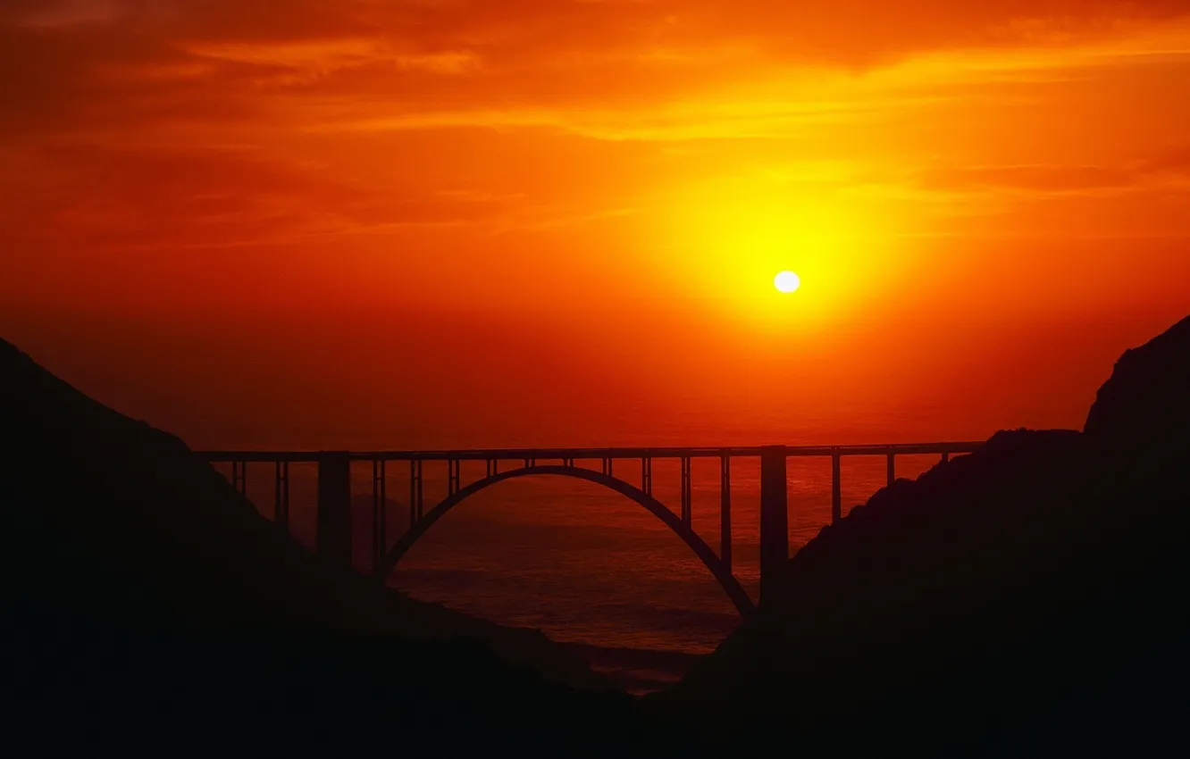 Photo wallpaper sea, the sun, sunset, bridge