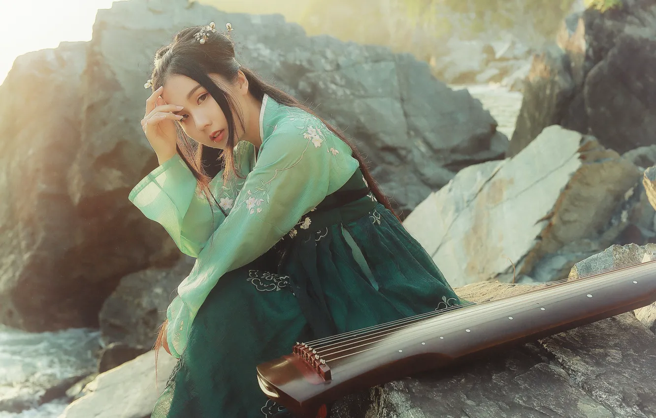 Photo wallpaper girl, Asian, musical instrument, Brode十三