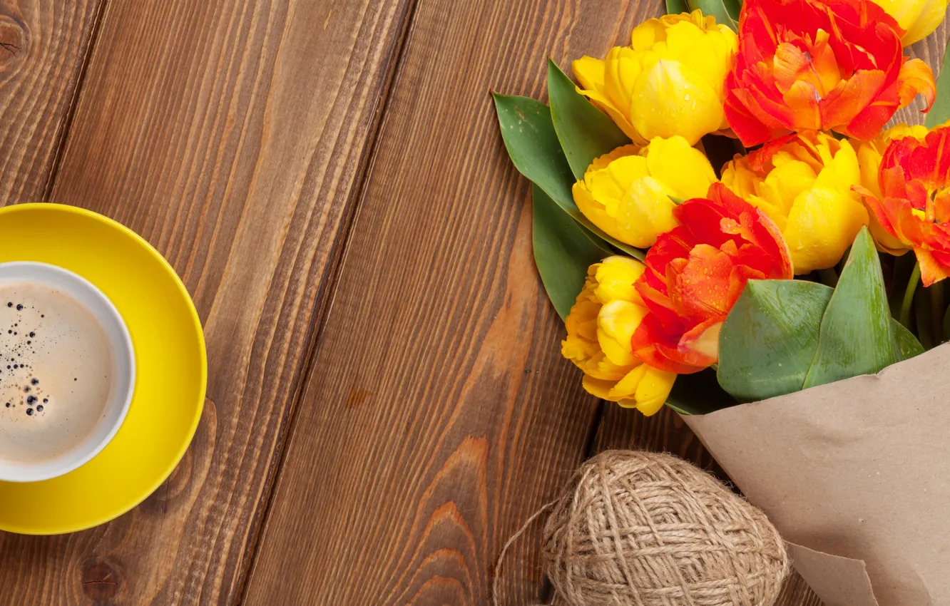 Photo wallpaper coffee, bouquet, colorful, tulips, yellow, flowers, cup, tulips