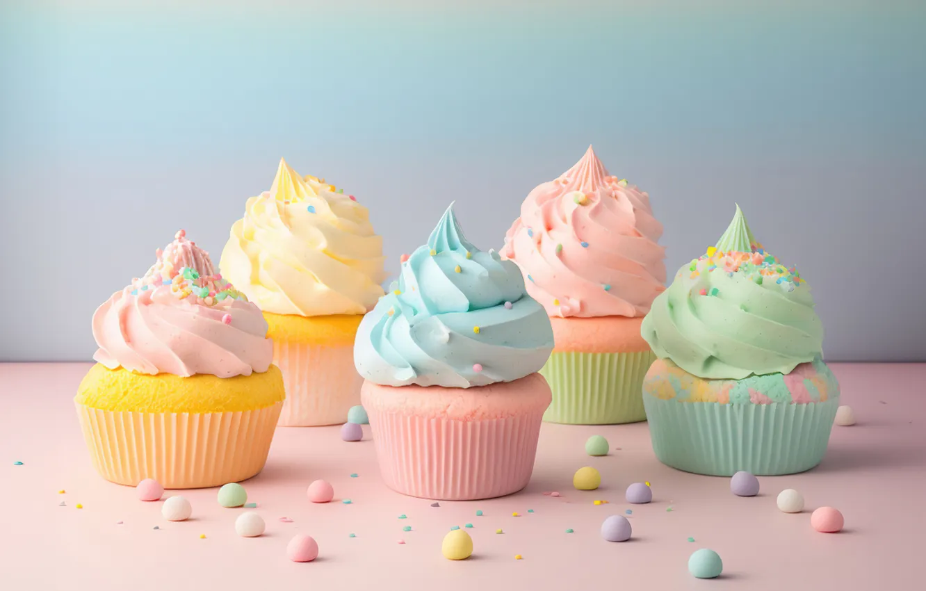Photo wallpaper colorful, food, ice cream, cupcakes, Aesthetic, Pastel background