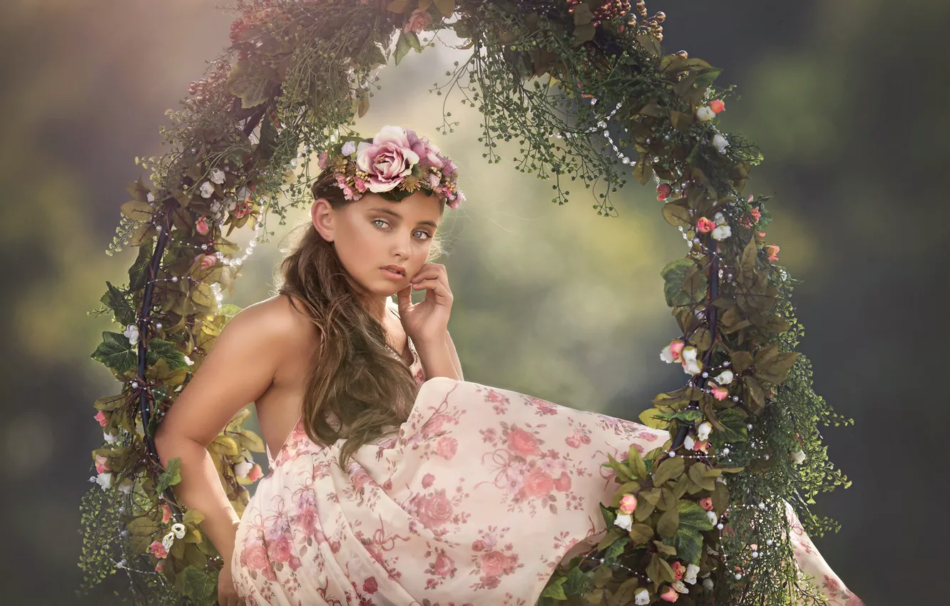 Photo wallpaper flowers, swing, dress, girl, wreath