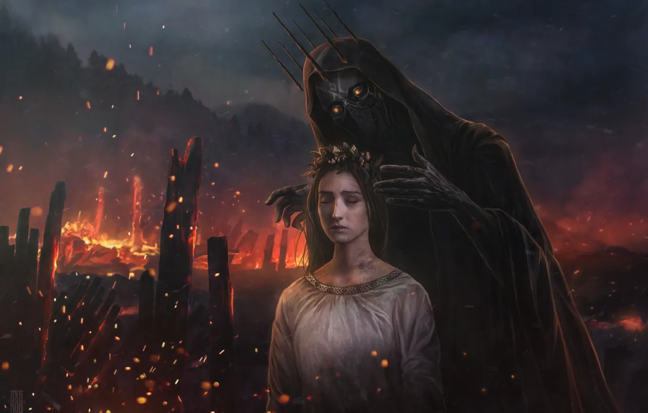 Photo wallpaper girl, night, lights, fiction, darkness, flame, tale, the demon