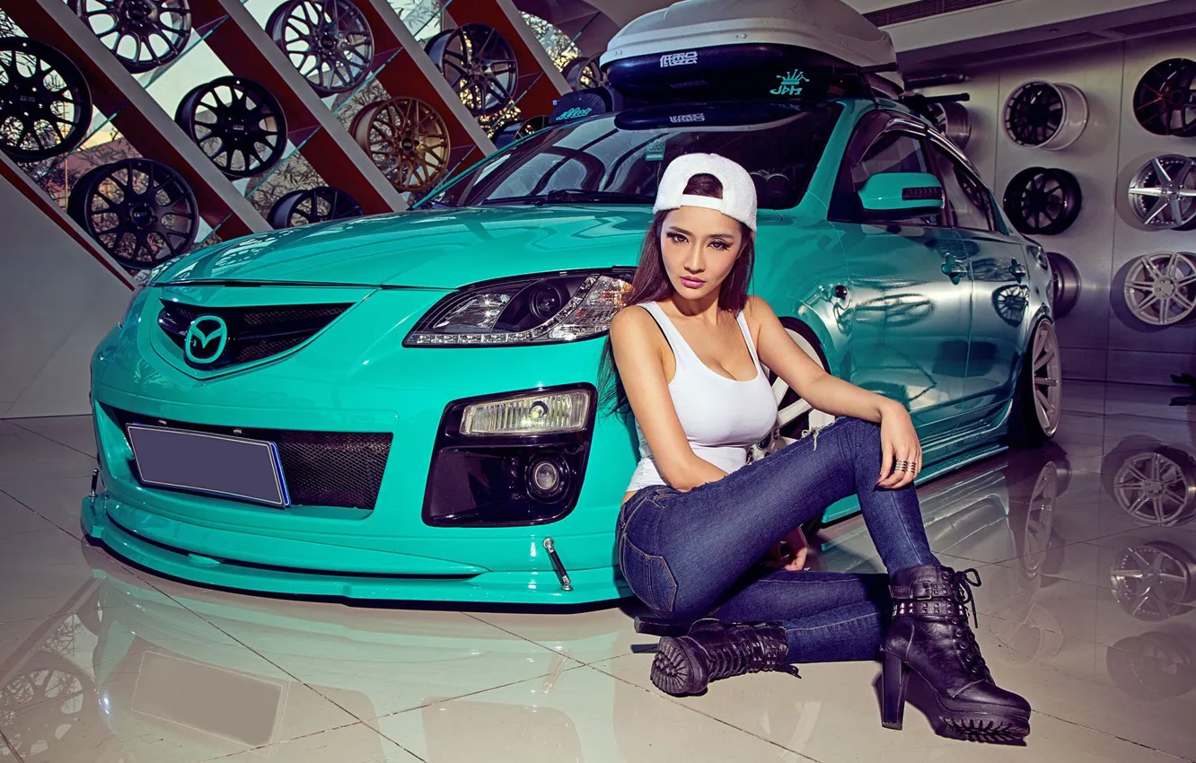 Photo wallpaper auto, look, girl, Mazda, beautiful girl, posing on the car, isiaka