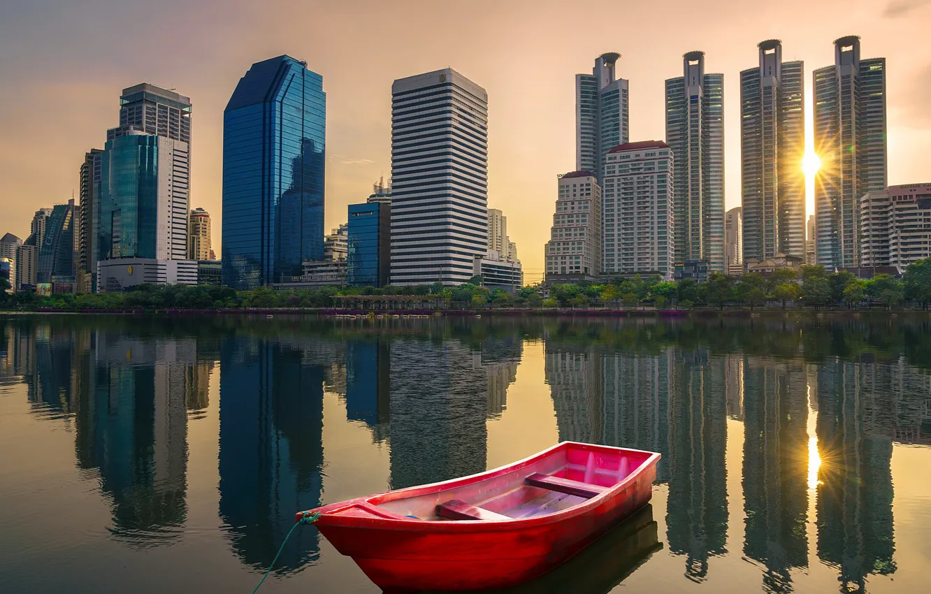 Photo wallpaper the city, river, boat, building, morning