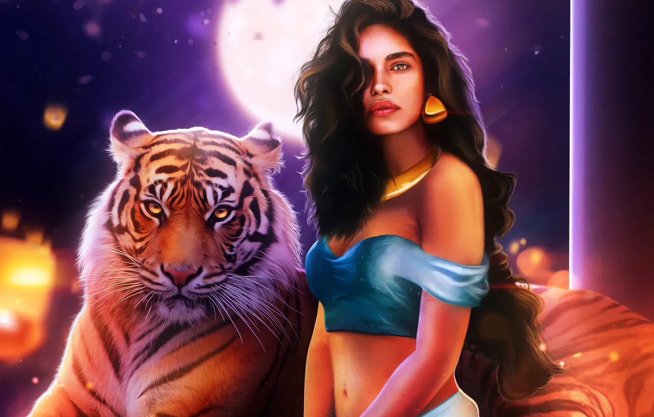 Photo wallpaper Girl, Tiger, Fantasy, Art, Art, Jasmine, Aladdin, Jasmine