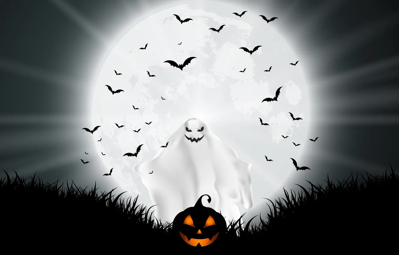 Photo wallpaper night, the moon, Halloween, pumpkin, bats, Halloween, the full moon, horror