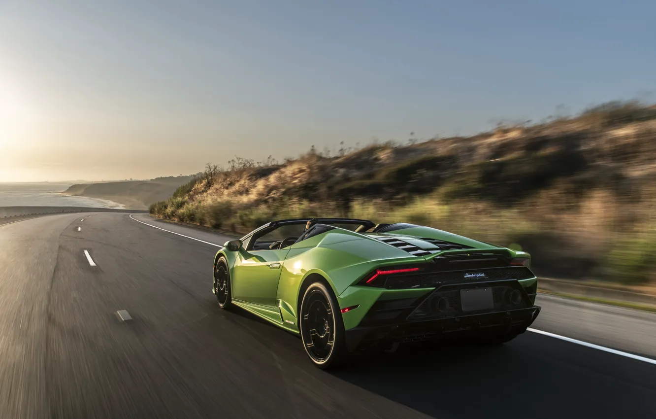 Photo wallpaper sunset, coast, speed, Lamborghini, Spyder, Evo, Huracan, 2019