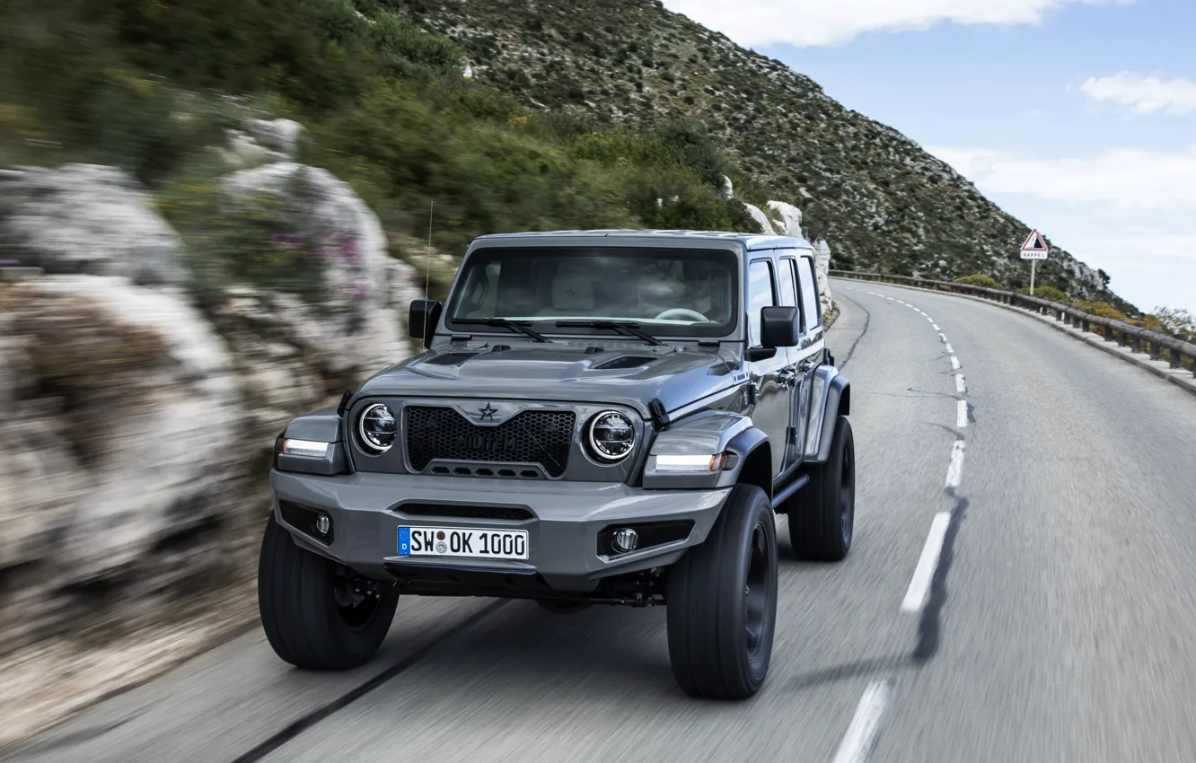 Photo wallpaper road, mountains, Wrangler, Jeep, Unlimited, 2019, Soldier, Ferōx