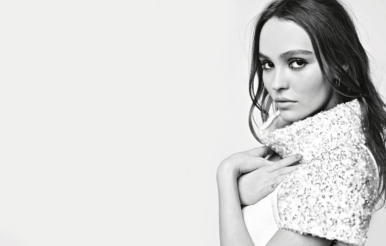 Photo wallpaper look, girl, sweetheart, model, actress, black and white, beautiful, Lily-Rose Depp