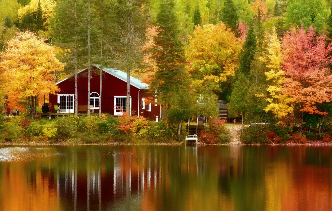 Photo wallpaper autumn, trees, lake, house, Canada, Canada, Quebec, QC