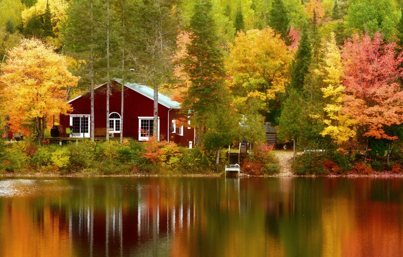 Photo wallpaper autumn, trees, lake, home, Canada, Canada, Quebec, QC