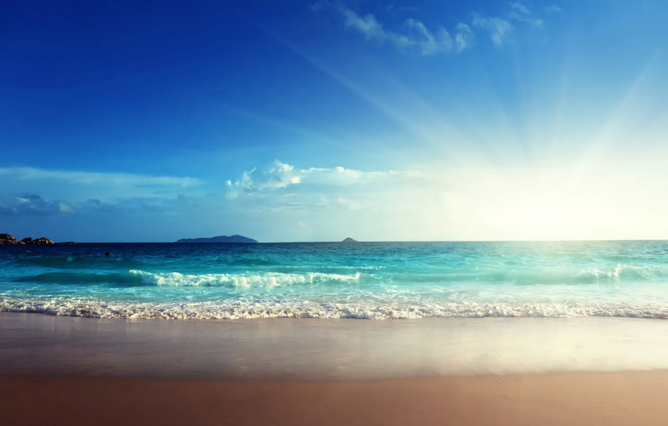 Photo wallpaper sand, sea, wave, the sky, the sun