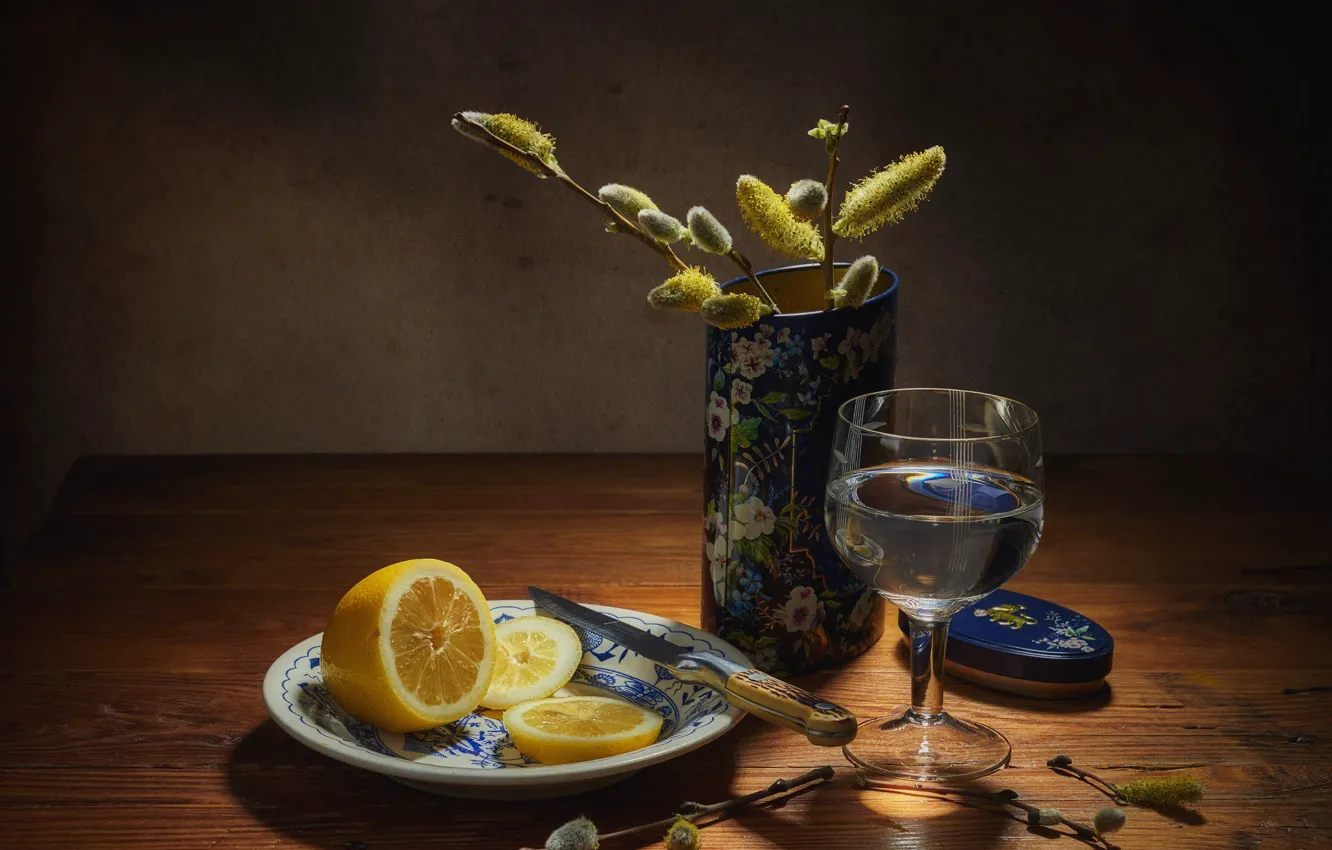 Photo wallpaper lemon, spring, Bank, still life, vodka, items, Verba, glass