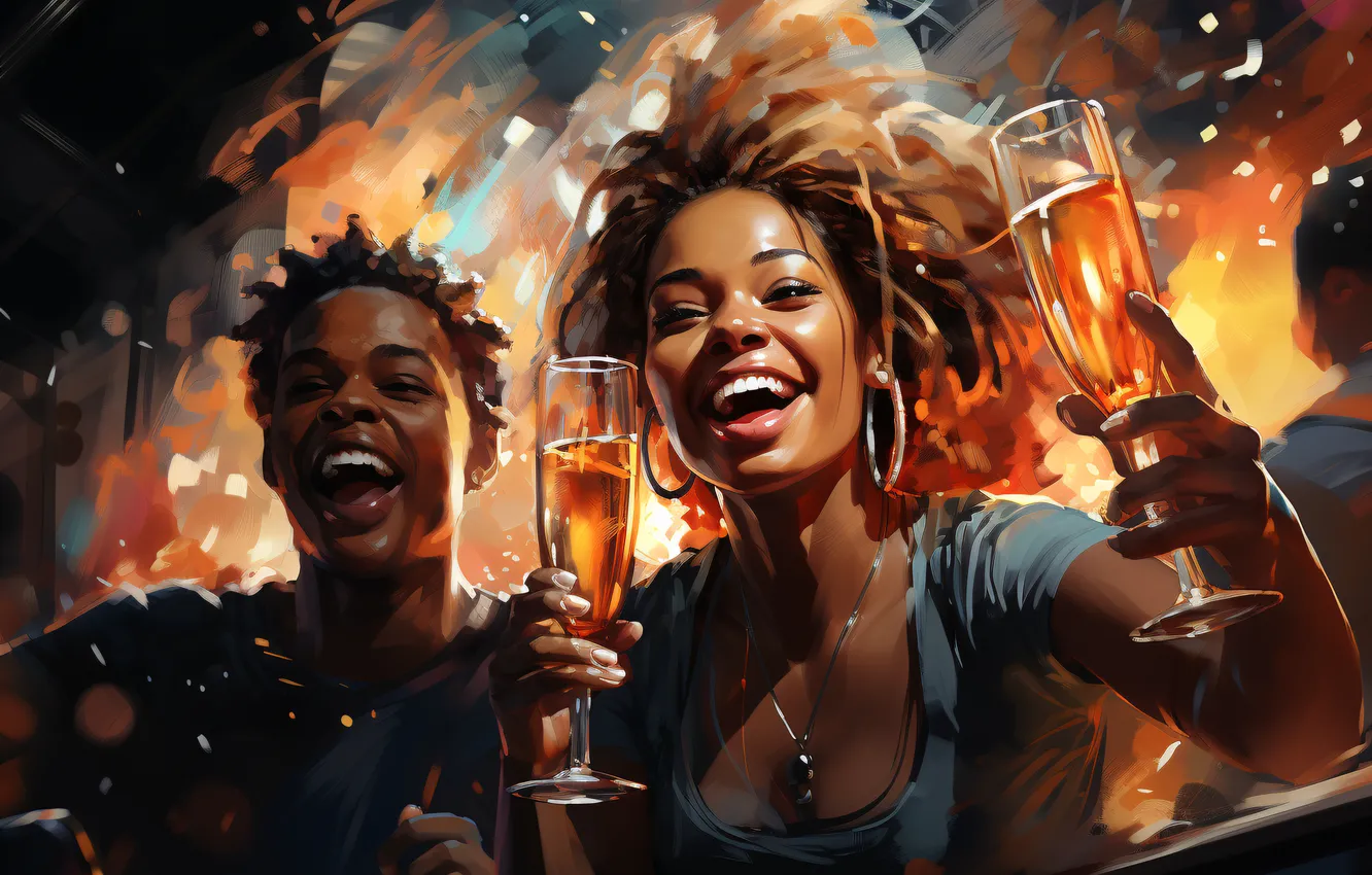 Photo wallpaper Girls, Glasses, Smile, Christmas, New year, Two, Joy, Digital art