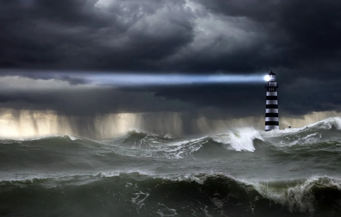 Photo wallpaper The OCEAN, The SKY, ELEMENT, WAVE, RAIN, The SHOWER, LIGHTHOUSE, RAY