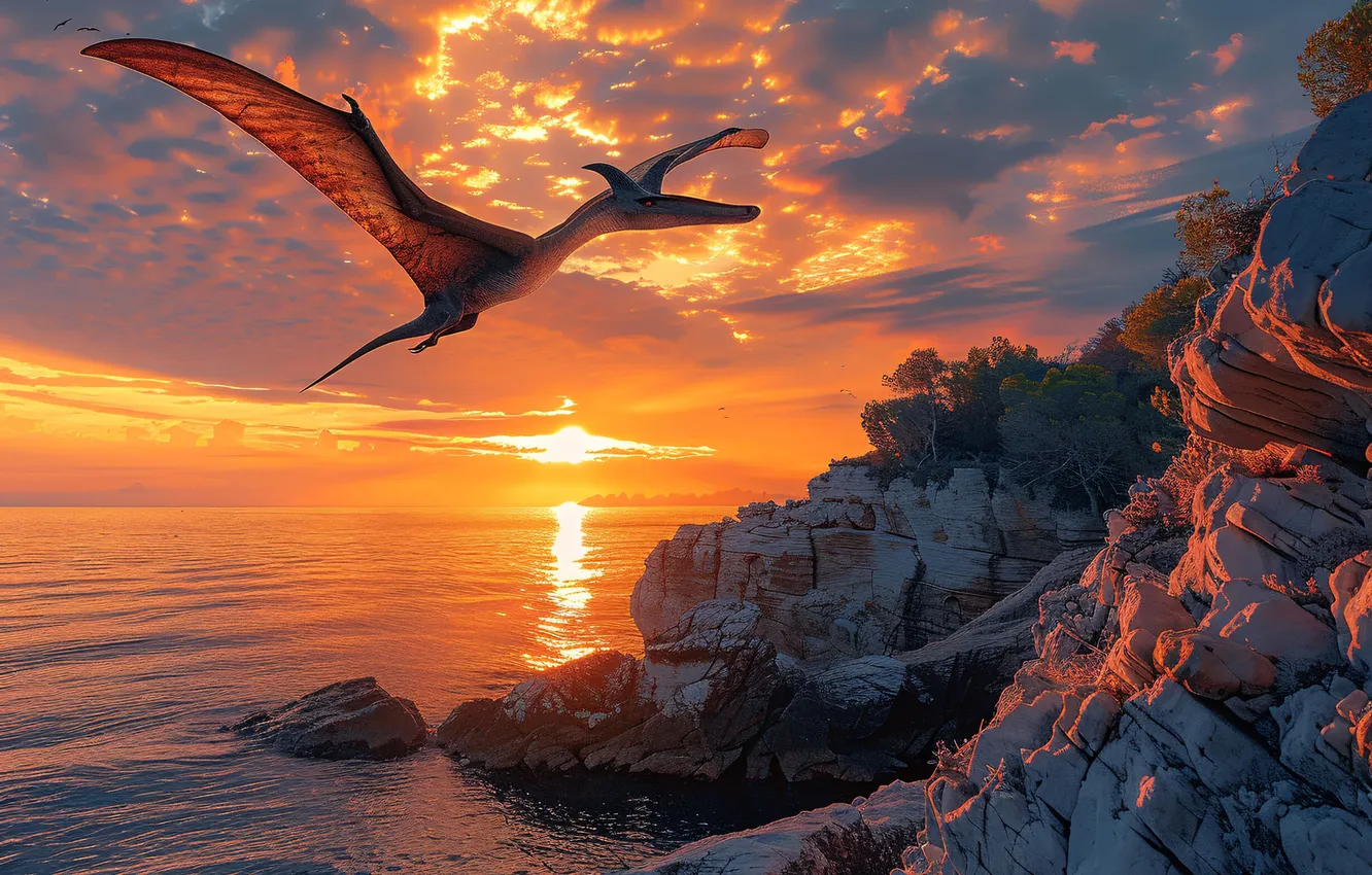 Photo wallpaper sea, the sun, clouds, flight, rocks, animal, dawn, wings