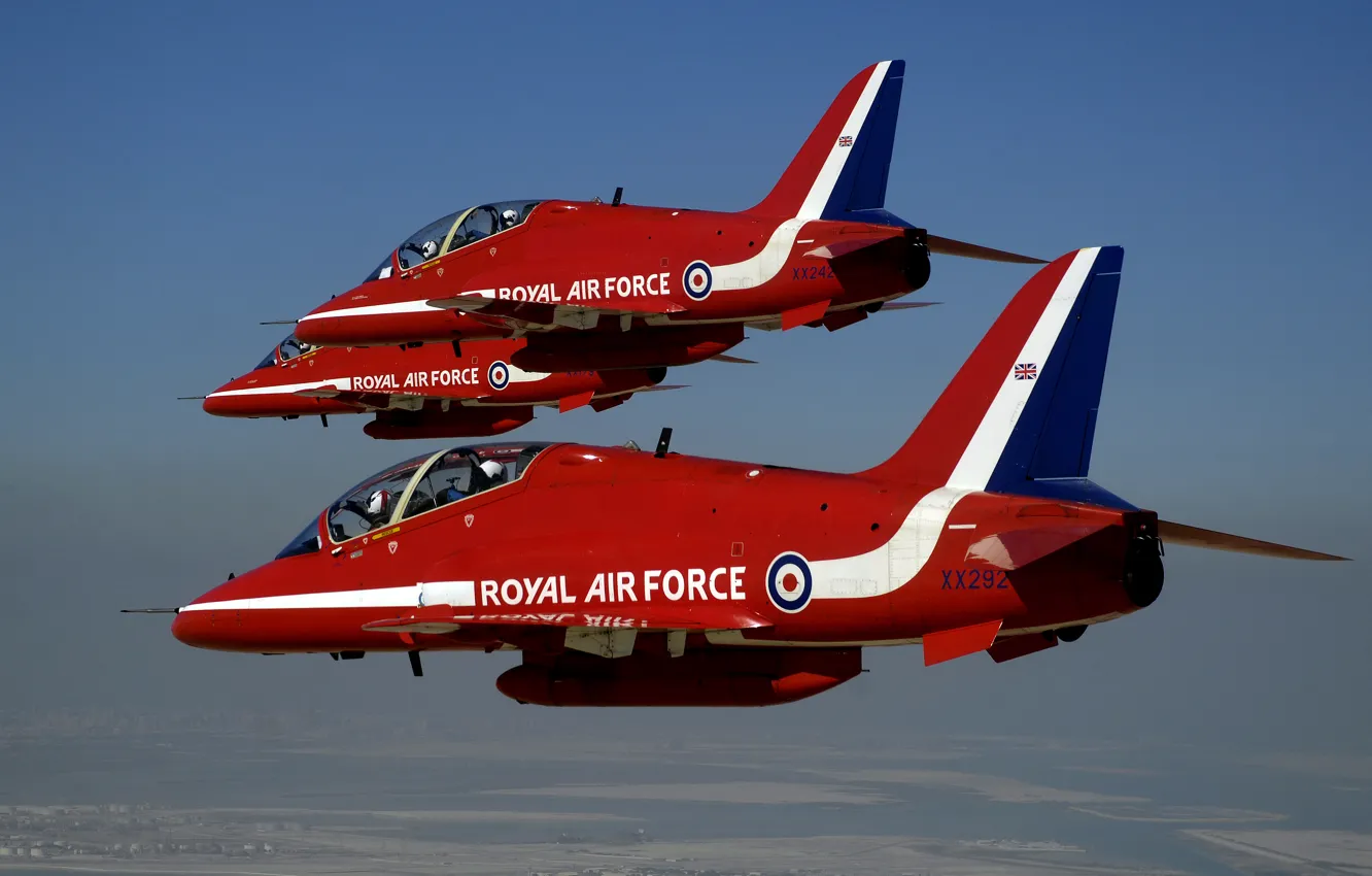 Photo wallpaper flying, Red Arrows, BAE Hawk, Aerobatic, Formation Flying
